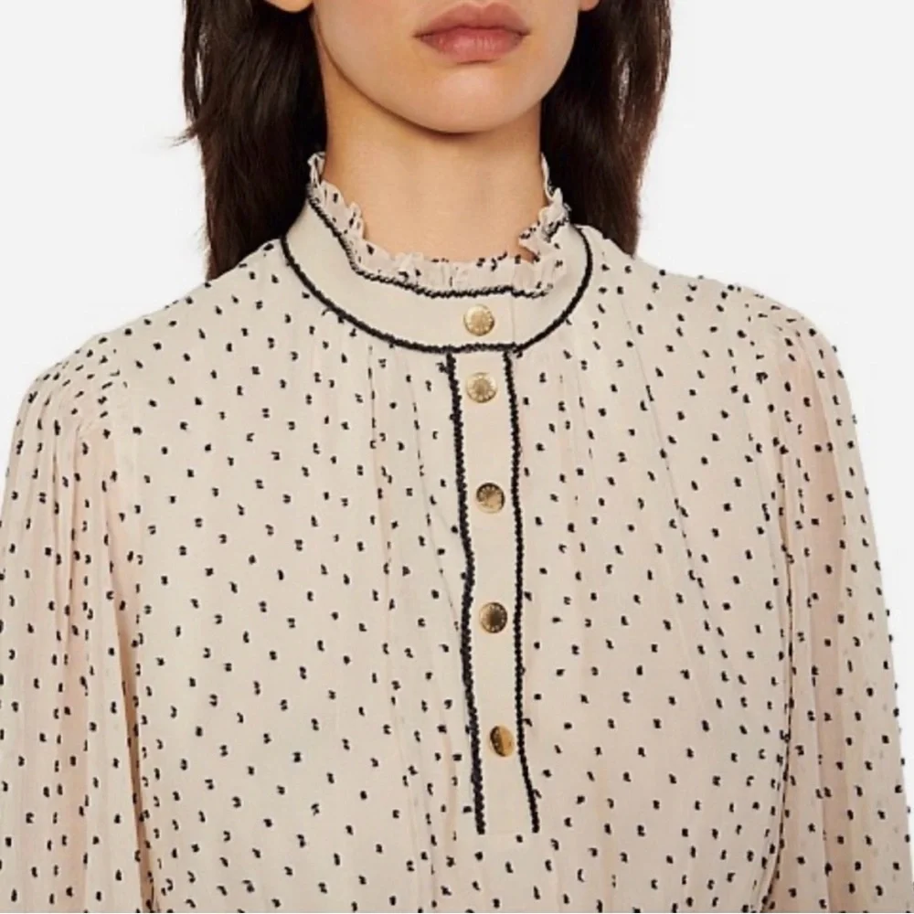 Sandro Cream Polka Dot Long-Sleeve Dress - Picture 2 of 7